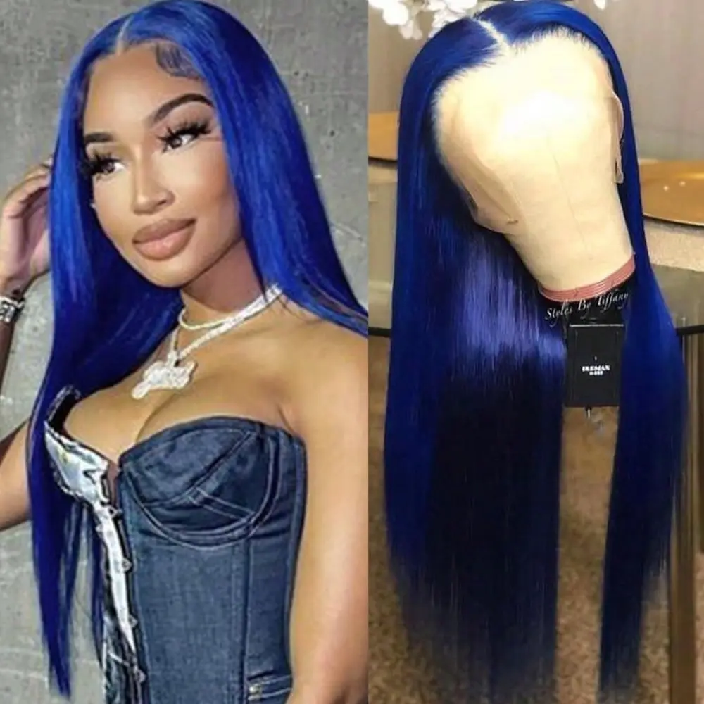 Blue 13x4 Lace Front Wigs Pre Plucked Long Straight Hair Wigs with Natural Hairline Glueless Dark Blue Wigs Heat Resistant Synthetic Lace Front Wigs for Fashion Women Mother's Dy Gift
