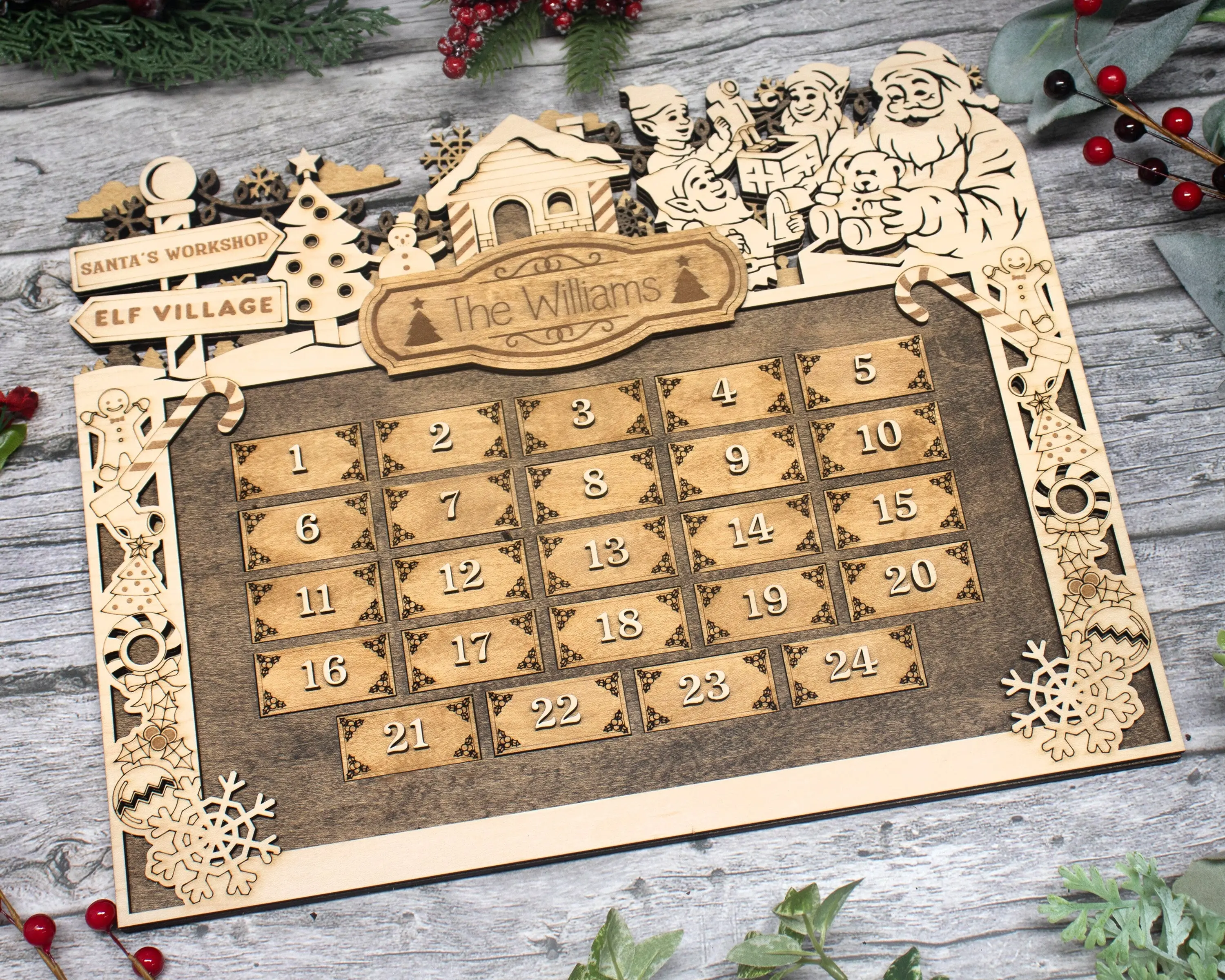 Personalized Santa's Workshop Christmas Advent Calendar For Kids and Adults Christian Handmade Farmhouse Decor Ornament Decoration with Family Name Customization and Handcrafted Quality Materials