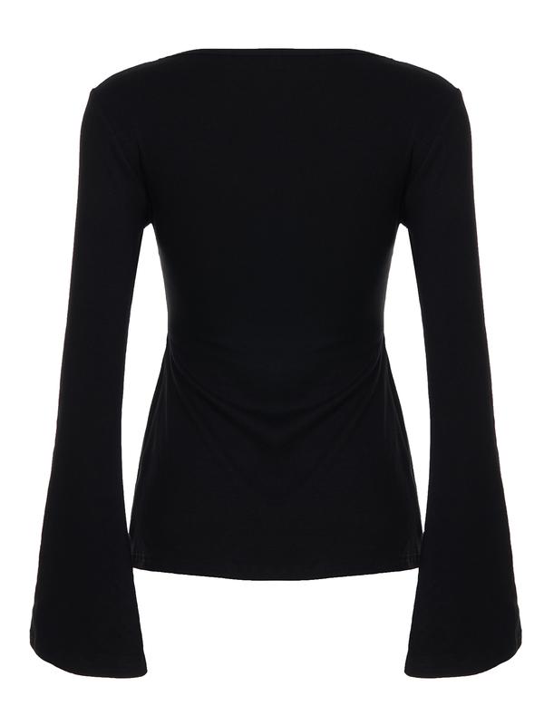 Sexy Elegant Low Neck Knit Half Placket Top. Casual Classy Top Flare Sleeve Loose Baby Doll Blouse. Solid Black Casual Y2K Minimalist T-Shirt for Daily Commute & Dating.