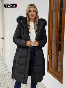 Women's Fall Winter Casual Fitted Warm Hooded Coat with Belt, Long Sleeve Thick Woven Fabric Outerwear for Daily Wear