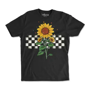 Checkered Sunflower Crewneck Tshirt, Cute Floral Retro 90s Inspired Graphic Tee, Designed and Printed in the USA by Loftipop