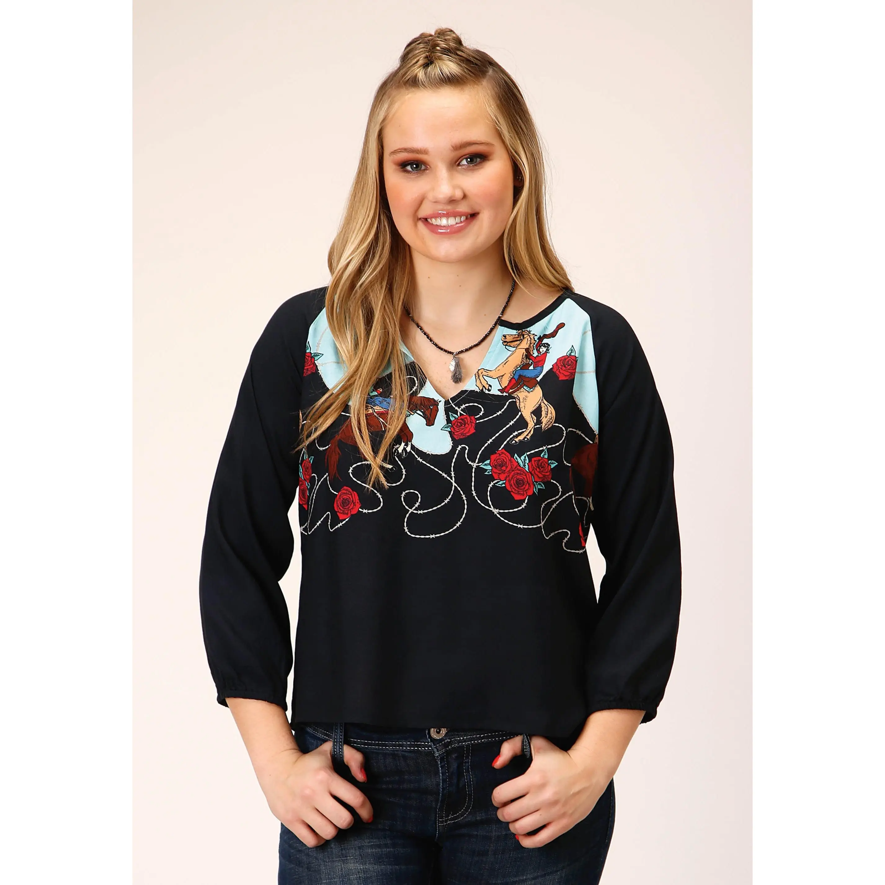 Womens Long Sleeve Cowgirl Border Printed Rayon Blouse