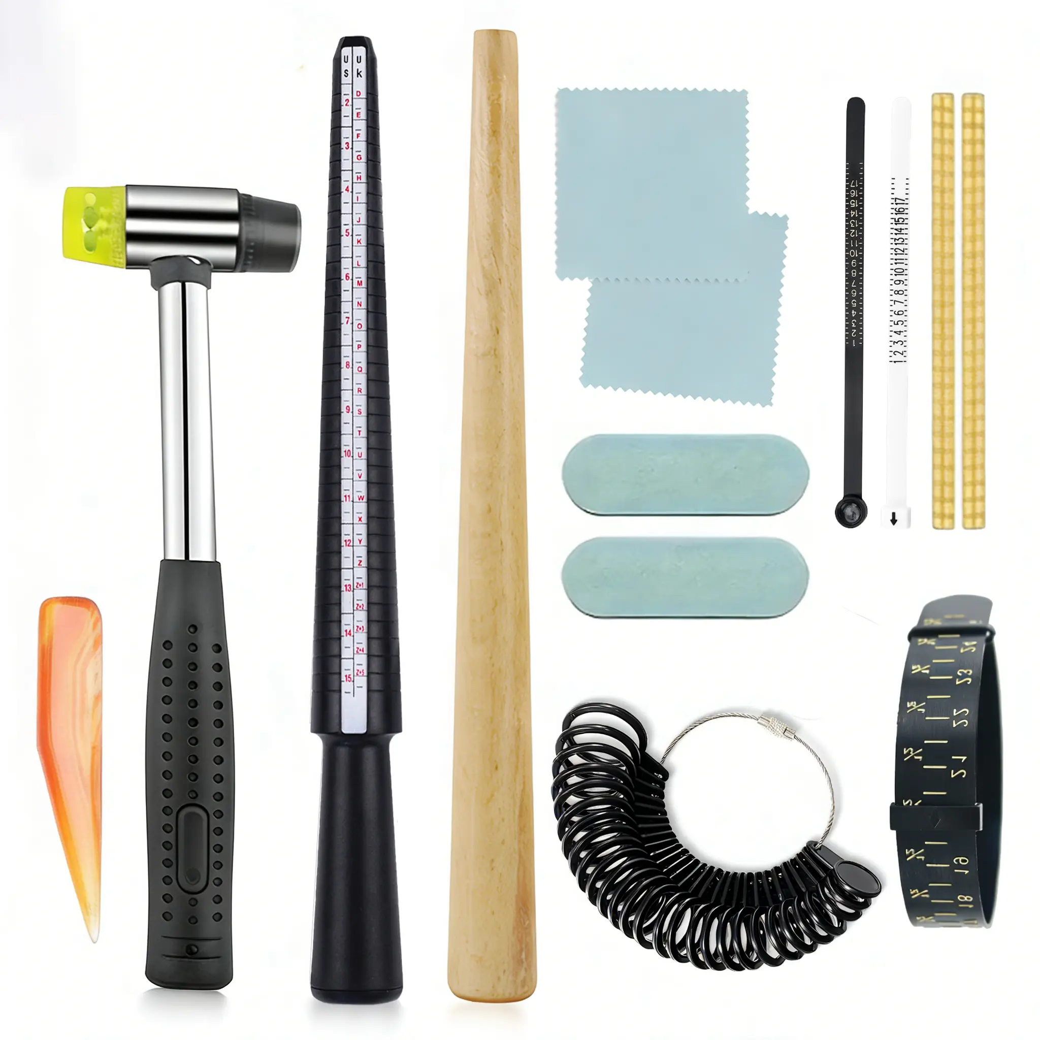 Complete Ring Sizing Tool Kit for DIY Jewelry Making - Essential for Jewelers, Includes Plastic & Wood Professional Ring Mandrel, Hammer, Accurate Sizing Measuring Gauges, Polishing Cloth (Choking Hazard Small Parts), Enthusiasts