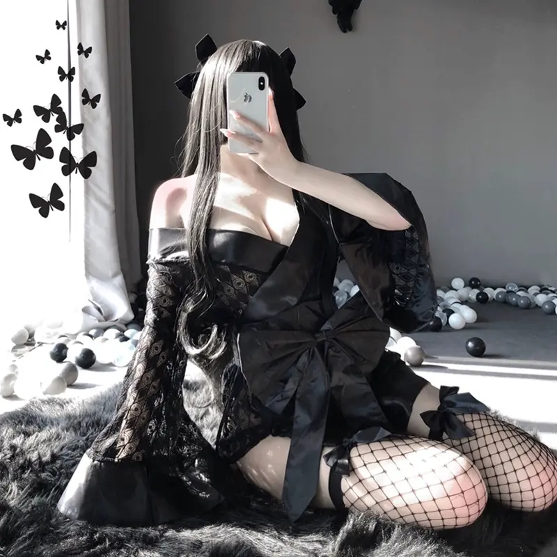 Women's Elegant Japanese-Style Lace Kimono Lingerie Bodysuit - Fitted, Chic, Comfortable, Sexy Maid-Inspired Role Play Cosplay Outfit, Costume