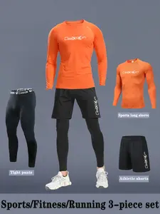 Men's Printed Long Sleeve Sportswear Set, Colorful Compression Elastic Shaping Shirt, Loose Shorts, Tight Base Layer, Ideal for Casual Fitness, Compression Clothing, Fitness Clothes, Fitness Apparel