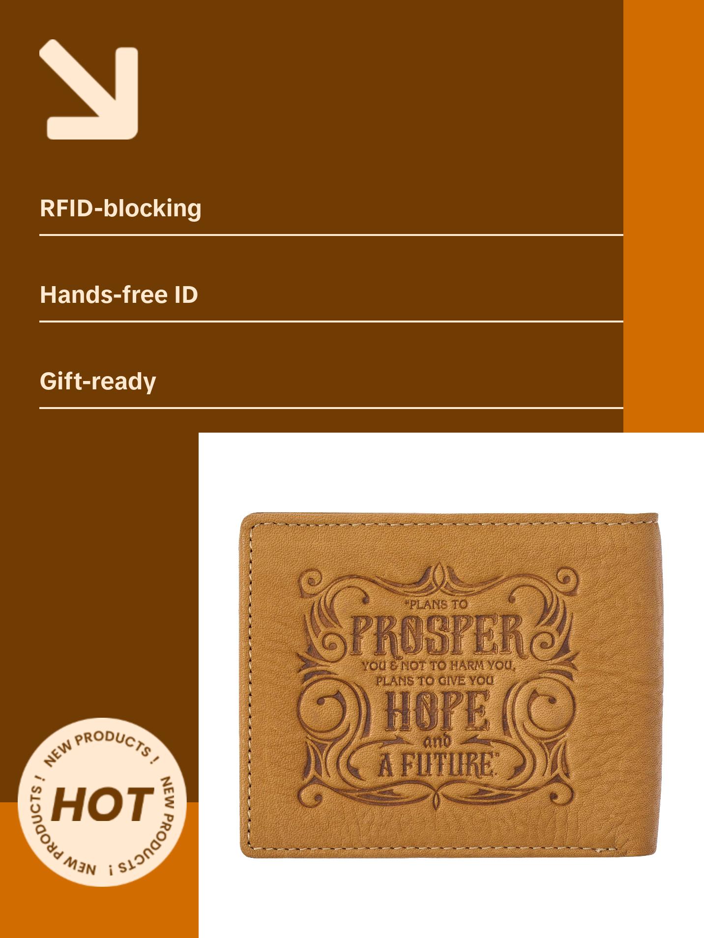 Genuine Leather Wallet for Men and Dads with Scripture Jeremiah 29:11 RIFD Blocking Multi-purpose Slots Credit Card Holders Quality Classic Saddle Tan Leather Bifold Wallet for Men