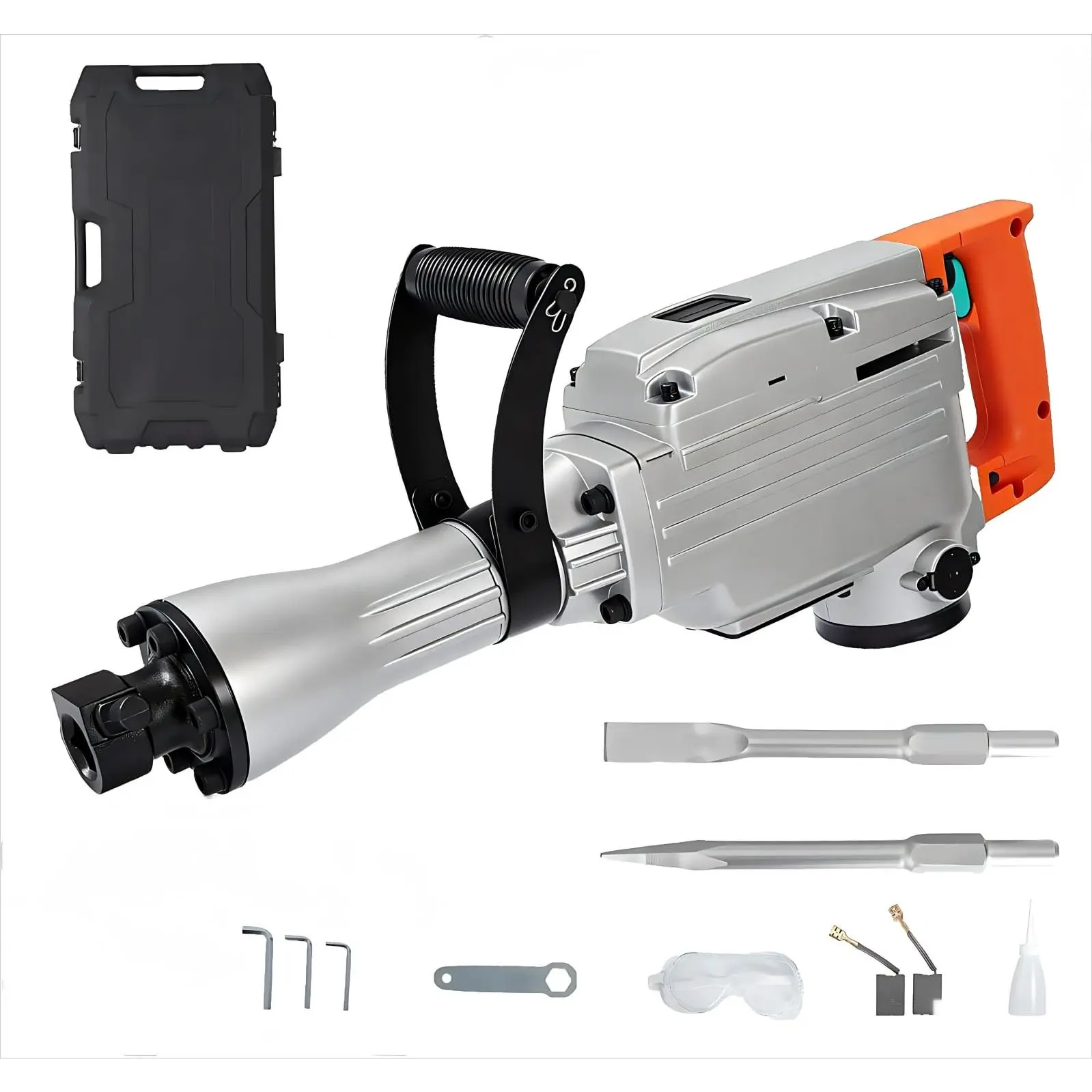 1500W Electric Demolition Jack Hammer, 1800BPM Heavy Duty Concrete Breaker Tool, 60J Impact Energy Demolition Hammer with Anti-Vibration Handle, 360° Rotating Grip, Carrying Case & 2 Chisels