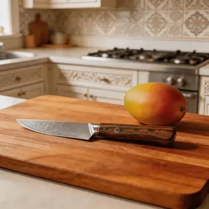 Damascus fruit knife. Artisan-crafted with a rosewood handle and patterned blade, it’s comfortable, sharp, and built to last. Lightweight and portable—perfect for both kitchen and camping.
