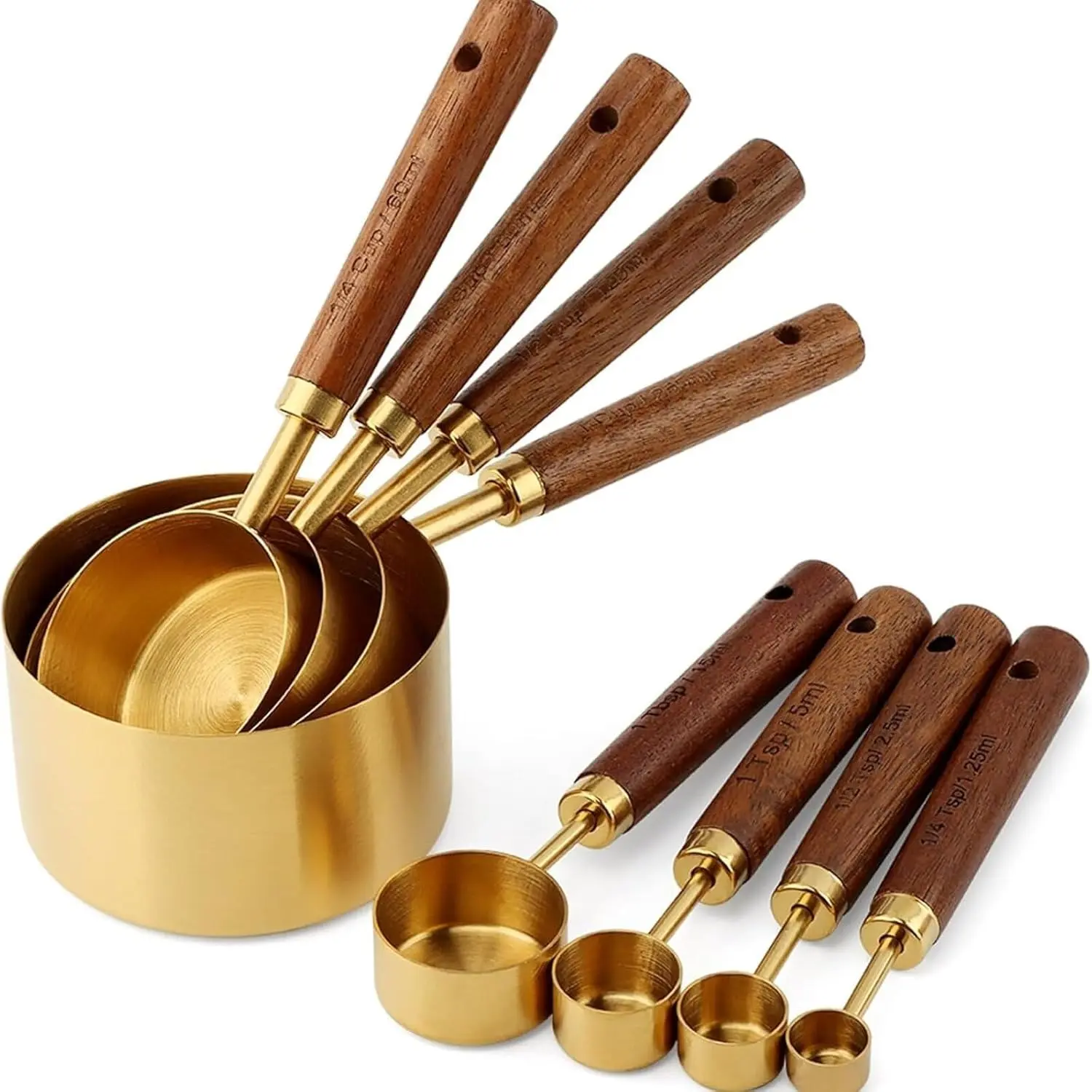 8-Piece Stainless Steel Measuring Cup and Spoon Set with Wooden Handle, Hanging Holes, Metric & US Dual Measurements, Stackable Kitchen Accessories for Pastry & Daily Cooking, Polished Silver/Gold Finish