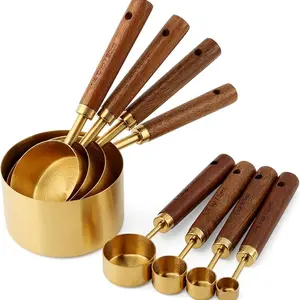 8-Piece Stainless Steel Measuring Cup and Spoon Tool Set with Wooden Handle, Hanging Holes, Metric & US Dual Measurements, Pastry & Daily Cooking Utensil, Polished Silver/Gold Finish
