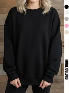 Women's Solid Color Round Neck Long Sleeves Sweatshirt, Fall & Winter Warm Sporty Pullover, Loose Fit Comfortable Casual Wear for Home or Work