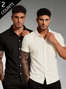 Men's Textured Camp Collar Short Sleeve Shirt, Casual Summer Shirt, Slim Fit Button-Down Casual Top, Breathable Vacation Shirt for Daily & Beach Wear
