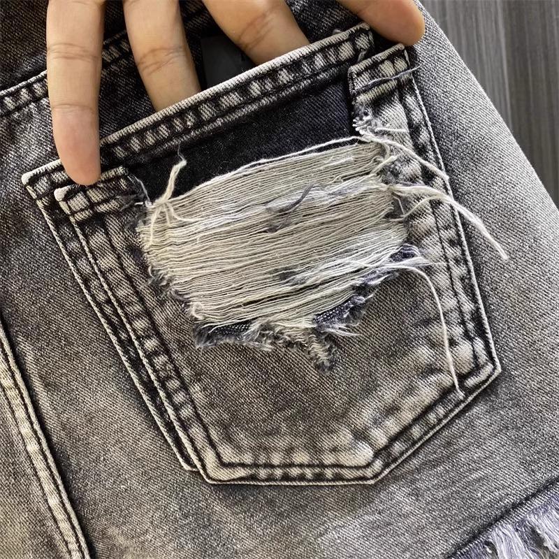 Worn Legs with Rough Edges Washed Black Denim Shorts