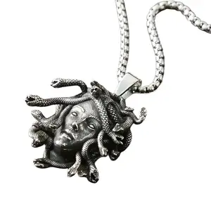 Vintage Medusa Snake Goddess Couple Pendant Necklace, Gothic Mythological Statue Jewelry, Unisex Matching Lovers Necklace for Easter Halloween Birthday Party Festival Gift