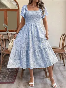 Plus Size Floral Print Ruffle Dress, Casual Boho Wear Vacation Style, Waist Cinch Design, Perfect for Women's Fashion, Feminine, Comfortable and Stylish, Summer