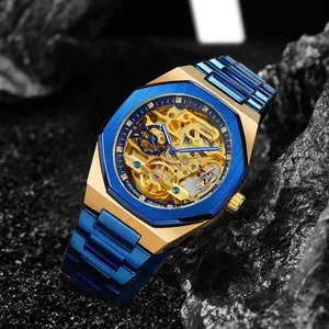 Classic handsome fashion party round dial men's mechanical watch waterproof hollow daily decorative men's watch exquisite men's birthday gift with box