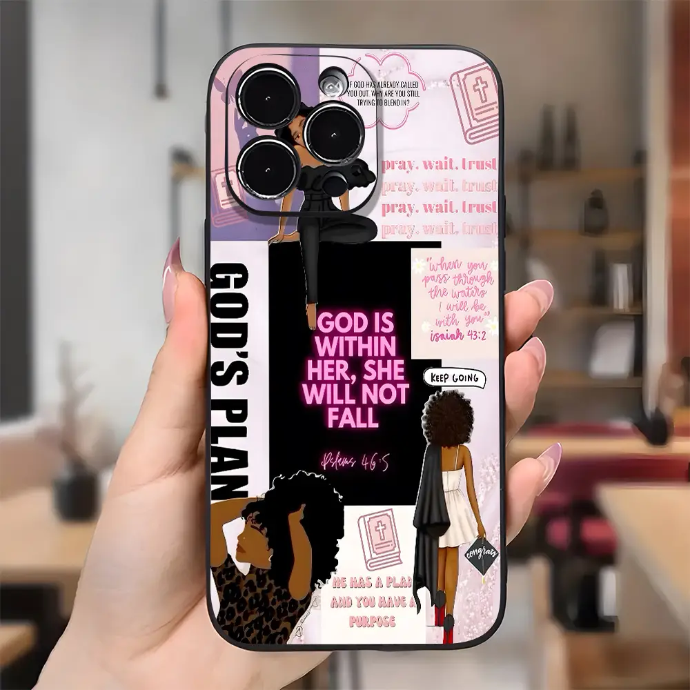 God Within Her Phone case for iPhone 17 16 Pro Max 15 Plus 14 13 12 11 Air XR XS E Black Women Pattern Full Body Protection Shockproof Soft Silicone