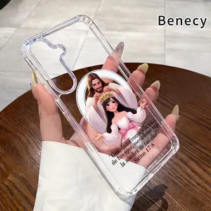 Magnetic Phone Case Supports Wireless Charging for  Samsung Galaxy S23 Ultra S24 Plus FE S25 S22+ Divine Crown Blessing Pattern Non-Yellowing Shockproof Soft Silicone Transparent Acrylic Large Hole Cover