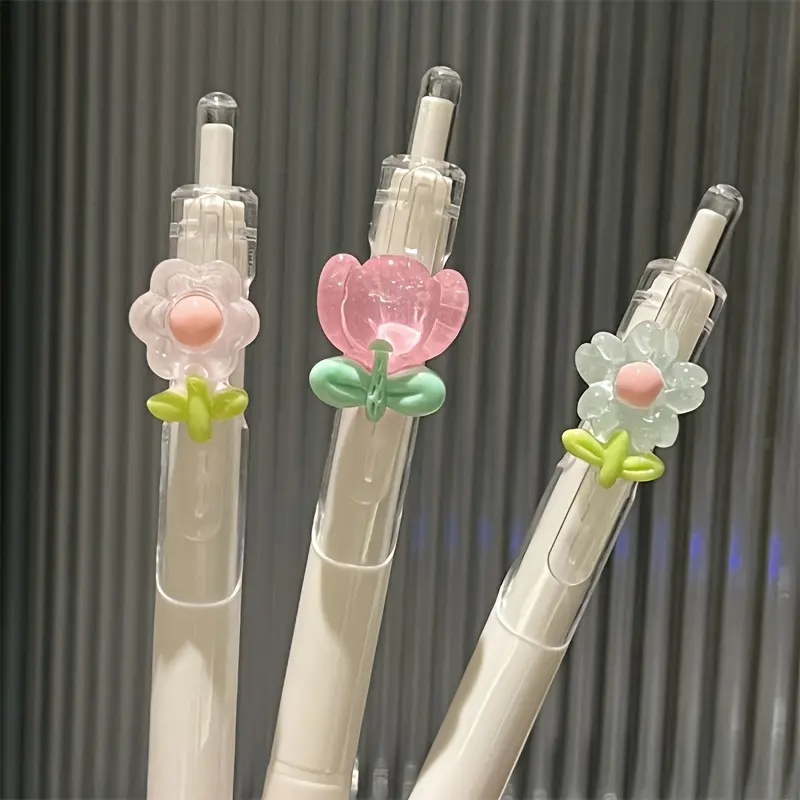 6Pcs Tulip Flower Glue Rollerball Pen, Medium 0.5mm, Quick Dry Plastic Writing Pen, School & Office Supplies, Retractable Pens, Aesthetic Pens