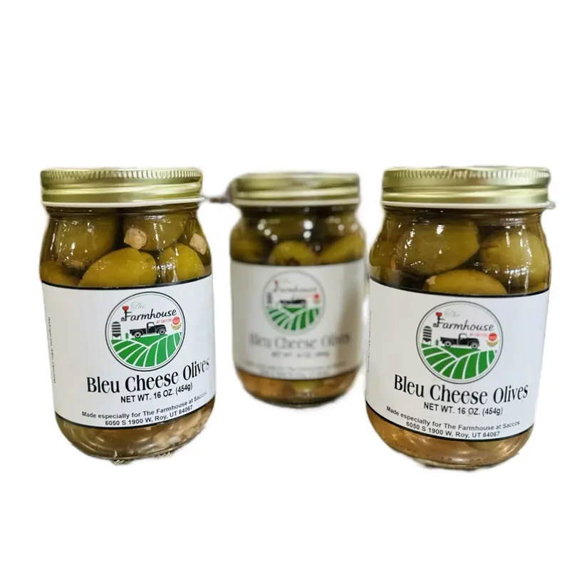 The Farmhouse at Saccos Bleu Cheese Olives 16 oz Jar - 16 Ounce Jar of Gourmet Olives with Bleu Cheese Flavor