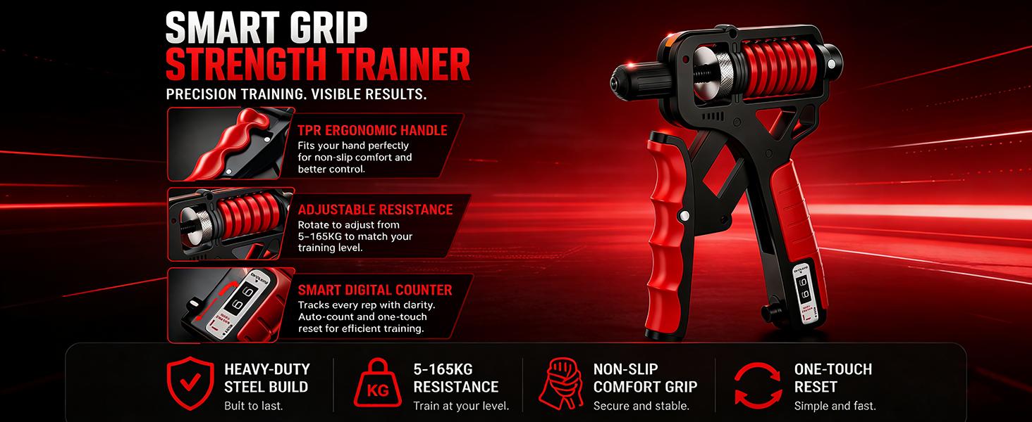 Adjustable Hand Grip Strengthener – Heavy-Duty Steel, 11–363lb Resistance, Ergonomic TPR Handle, Dual Spring Grip Trainer with Digital Counter for Forearm & Hand Exercise