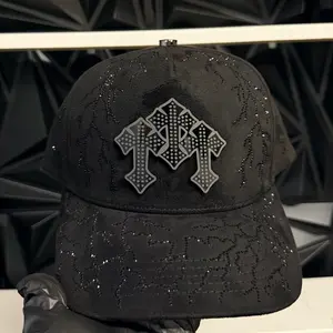 Hat 3 Crosses Suede Cap With Rhinestones Black SnapBack for Stylish Outfits