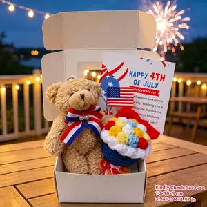 Small 4th of July Teddy Bear Gift Box, Independence Day Stuffed Bear with Crochet Bouquet & Greeting Card, Red White Blue Mini Present for Friends Family