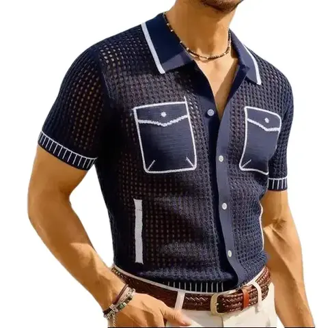 Men’s open-knit button-down shirt, short-sleeved see-through polo cardigan with contrast trim and chest pockets, lightweight summer beach streetwear top