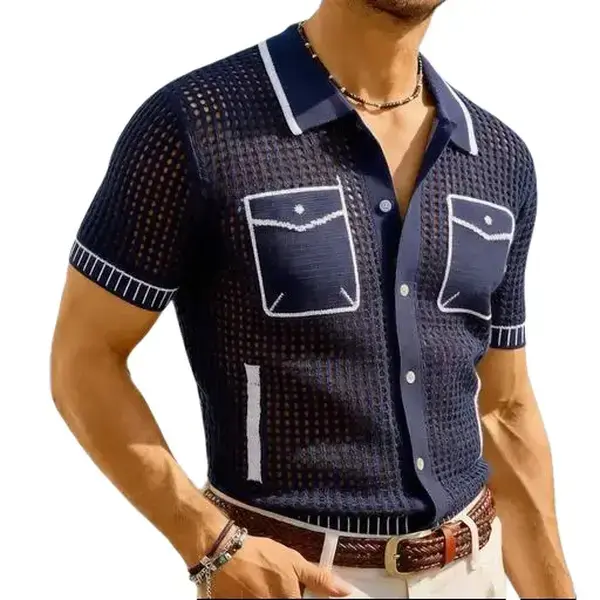 Men’s open-knit button-down shirt, short-sleeved see-through polo cardigan with contrast trim and chest pockets, lightweight summer beach streetwear top