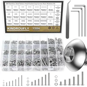 1504 Pieces Button Head Cap Screws Nuts Washers Kit, M2 M3 M4 Screw Assortment Kit, Machine Screws, 304 Stainless, Fully Machine, Silver