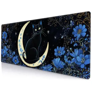 Mysterious Moon Cat Pattern Mouse Pad, Extended Thick Non-Slip Rubber Table Pad with Precise Stitching Edges, Washable Durable Mouse Pad for Office & Home
