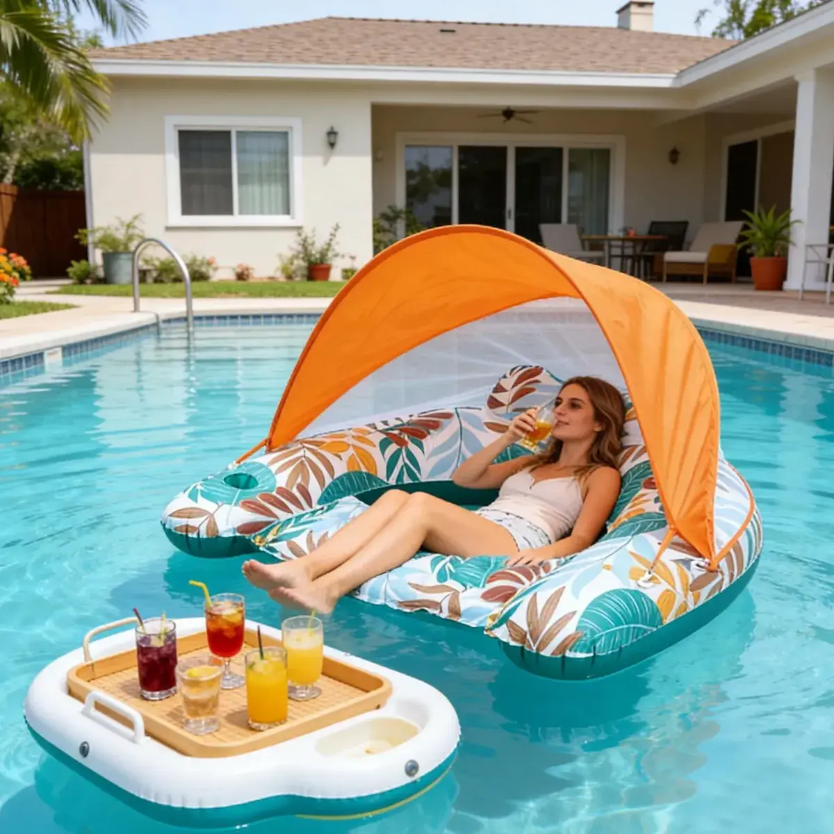 [SummerVibes] Pool Float with Canopy, Cup Holder-Pool Chair Lounge Float with Adjustable Sun Shade Cover, Drink Holder, Ergonomic Headrest,Inflatable Pool Float for Adults Exquisite Mother's Day gift Swimming Pool