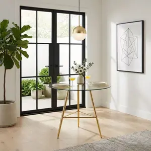34 Inch Round Tempered Glass Bar Table 36in Height, Modern Pub Table with Tripod Metal Legs, Integrated Footrest & Adjustable Feet for Kitchen, Bar, Cafe & Small Spaces