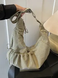 Japanese Style Plaid Casual Shoulder Bag, Fashion Pleated Bowknot Zipper Closure Crossbody Bag, School/College Student Lightweight Foldable Cloth Bag, Suitable For Shopping, Daily Commute, Everyday Bag, Crescent-Shaped, Fashionable Bags, Casual Trendy Bag