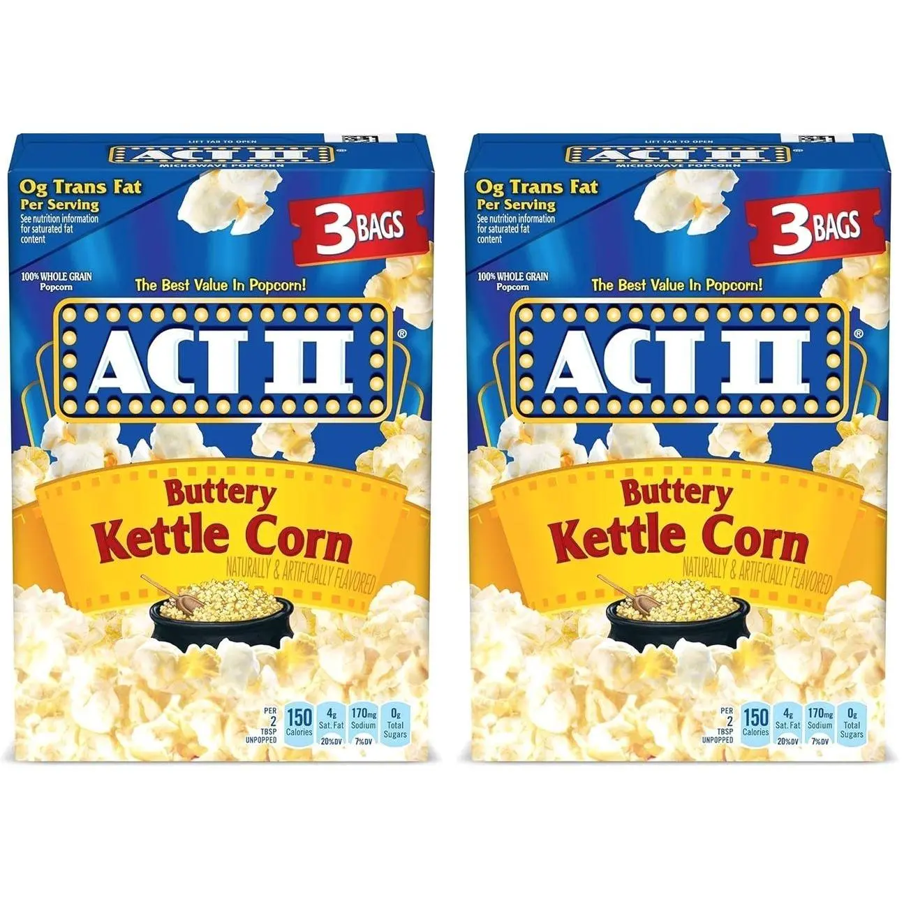 ACT II, Microwave Popcorn, Buttery Kettle Corn, 2.75-oz. Bags, 3 Ct (Pack of 2)