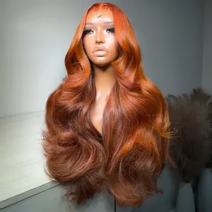 13x4 Lace Front Human Hair Wig Shiny Orange Colored Body Wave with Baby Hair Transparent Lace Frontal Wig 180 Density Pre Plucked for Women