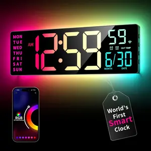 Digital Wall Clock with App Control, 16.5" Large RGBIC Wall Clock with Multiple DIY Color and  Sync, LED Display, Auto DST, Plug-in Clocks for Classroom  Gym Gaming