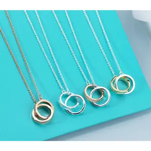 T Family Double Ring Necklace| Light Luxury Circle Pendant Collarbone Chain in White Brass