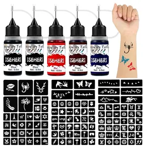 Temporary Tattoo Kit 5 Bottles Color Inks,115 Pcs Stencils Kit for Body Paint DIY Fake Tattoos for Kids(black*2, brown, red, cyan)