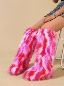 Women's Mixed Color Fluffy Lined Snow Boots, Casual Faux Fur Comfortable Warm Knee Boots for Fall & Winter, Female All-match Trendy Shoes for Daily Wear, Footwear, Round Toe Boot