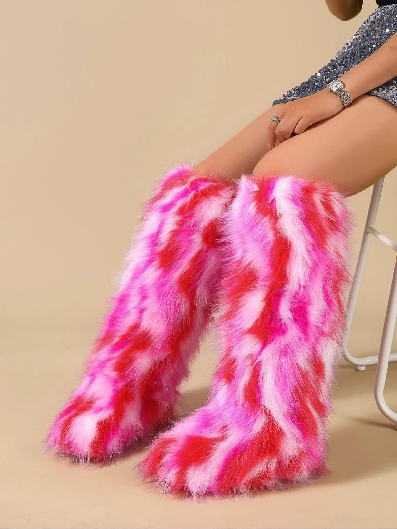 Women's Mixed Color Fluffy Lined Snow Boots, Casual Faux Fur Comfortable Warm Knee Boots for Fall & Winter, Female All-match Trendy Shoes for Daily We