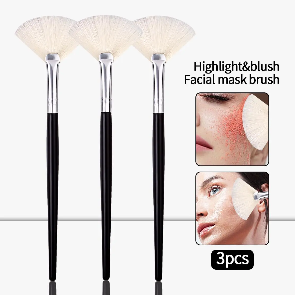 3PCS Wooden Handle Soft Fan Brushes for Highlighter Blush and Contour, Versatile Makeup Tool for Creating Dimensional Looks, Soft Cosmetic Brushes, Face Makeup Brushes
