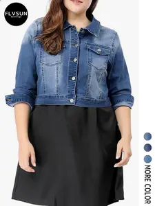 Elastic Fitted Plus Size Denim Jacket Button, Long Sleeve Women's Casual Top, Slimming Plus Size Denim Coat, Comfortable and Stylish, Plus Size Friendly