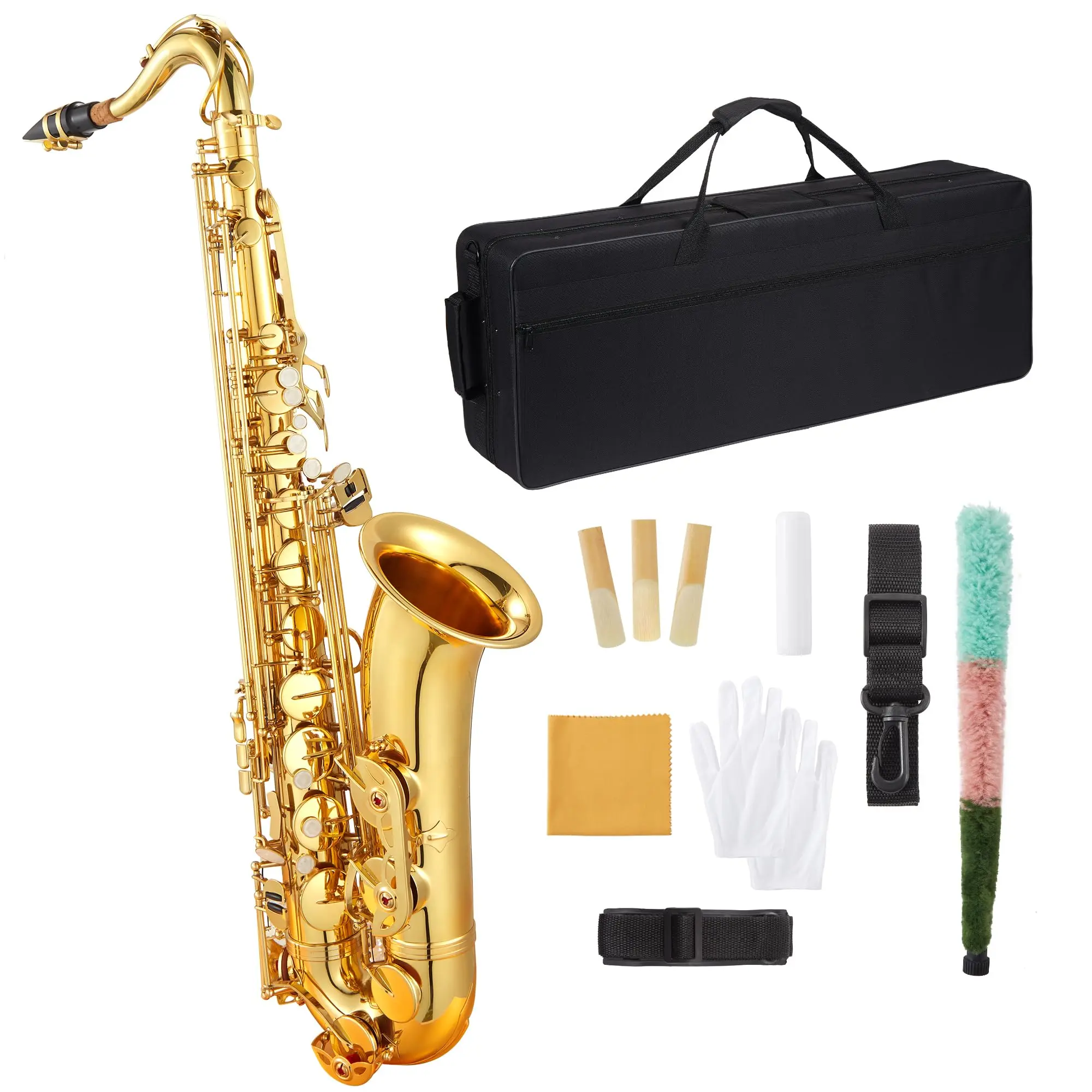 Brass Bb Tenor Saxophone Set with Case, Cork Grease, Cloth, Neck Strap, Brush, Gloves & Reed - Clear Sound for Beginners & Performances