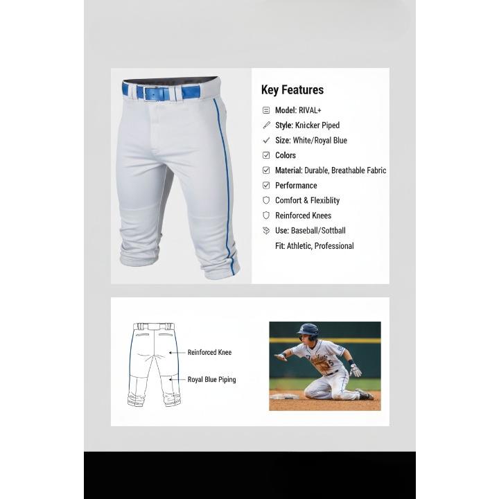 Easton | RIVAL+ Knicker Piped Baseball Pant | White/Royal | Youth | XLarge