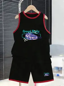 Vintage Racing Print Boys' Tank Top Set, Streetwear Style, Casual for Short Trips, Daily Wear, Cool and Trendy Design