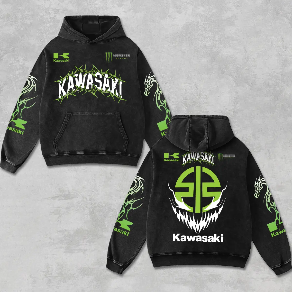 Retro Monster x Dragon Kawasaki Racing Hoodie Acid Washed, Motor World Championship Enthusiast, Motorcycle Off-Road Dirt Bike Graphic Streetwear, Heavyweight Biker Sweatshirt, Retro Moto Gear Motorbike Apparel Men’s Grunge Y2K Racing Jacket Style