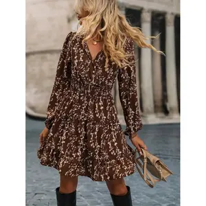 Ditsy Print Lantern Sleeve Ruffle Hem Shirred Dress Burgundy Color Women Outfit Fall Cloth For Women Casual Fabric