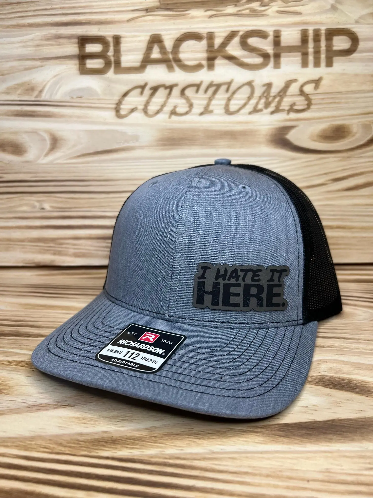I Hate It Here Hat! - Gray Denim Hat with Graphic Text, Adjustable Fit, and Patch, Featuring "I HATE IT HERE" Design