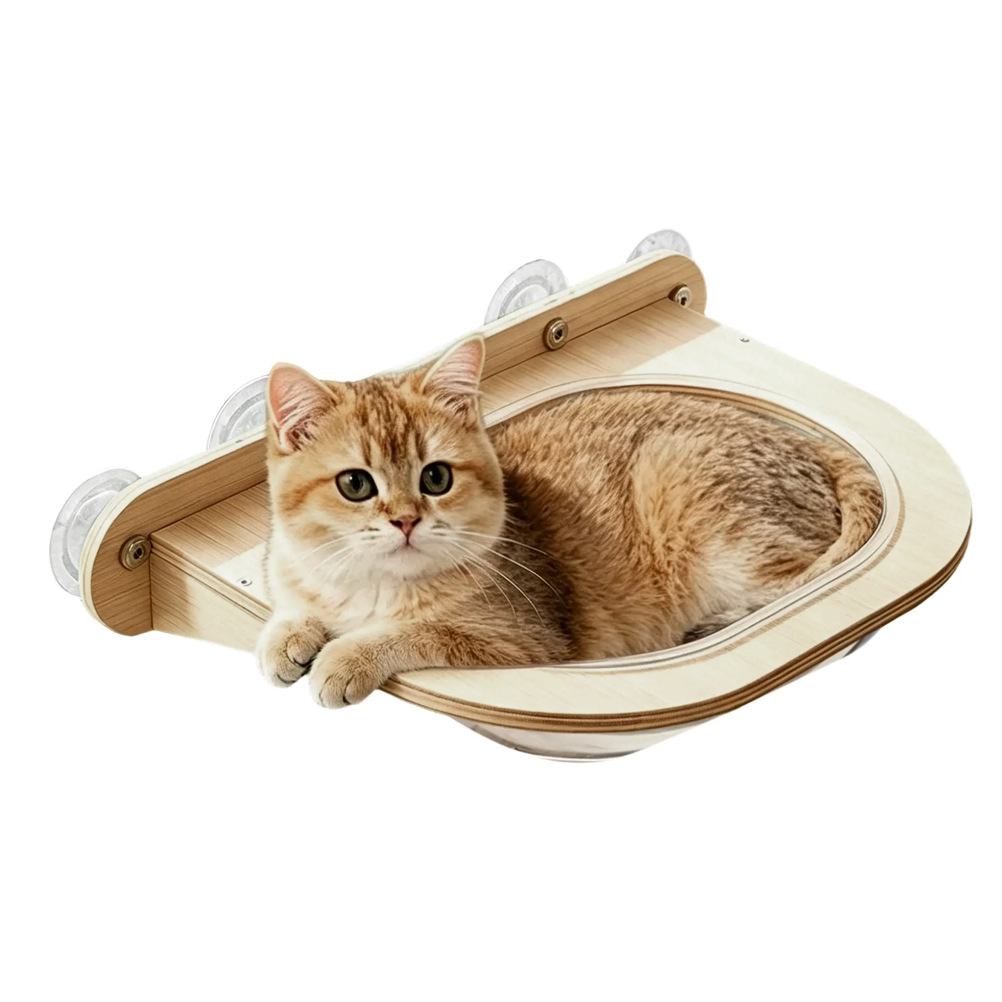 Wooden Cat Window Perch with Suction Cups, No Drill Cat Hammock Bed, Clear Bowl Cat Window Seat for Indoor Cats
